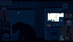 air_conditioner analog_clock animated animated_gif blue_fire bookshelf bulletin_board clock crying cup dark fire indoors light_bulb lowres mug original pixel_art shelf teapot toyoi_yuuta window wolf