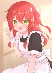 1girl absurdres apron blush bocchi_the_rock! commentary hair_between_eyes happy highres kita_ikuyo long_hair looking_at_viewer maid maid_apron matcha_november one_side_up open_mouth red_hair v window_shadow yellow_eyes