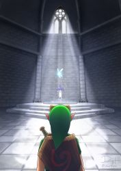 1boy artist_name blonde_hair blueaizu commentary_request deku_shield facing_away fairy from_behind hat highres indoors link male_focus master_sword navi nintendo pointy_ears shield shield_on_back signature sunlight sword the_legend_of_zelda the_legend_of_zelda:_ocarina_of_time triforce weapon weapon_on_back window wooden_shield young_link