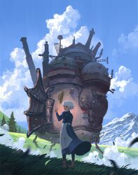 1girl apron architecture arm_up black_pantyhose blue_dress blue_sky boots brown_boots chimney cloud collared_dress commentary day dress english_commentary field floating_hair floating_hat fog from_behind grass hat highres hill howl_no_ugoku_shiro industrial_pipe juliet_sleeves landscape long_dress long_sleeves looking_at_viewer looking_back machine machinery making-of_available mechanical_legs mountainous_horizon outdoors pantyhose pine_tree puffy_sleeves short_hair sky smile solo sophie_hatter standing steampunk straw_hat studio_ghibli tree vertigris waist_apron white_apron white_hair wind wind_lift