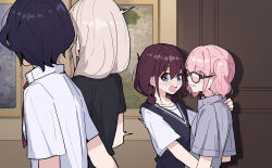 4girls black_hair black_shirt black_sweater_vest blue_eyes blush chinese_commentary collared_shirt commentary_request girls_band_cry glasses grey_hair grey_shirt hand_on_another&#039;s_shoulder highres hina_(girls_band_cry) indoors iseri_nina kawaragi_momoka multiple_girls nana_(girls_band_cry) open_mouth painting_(object) parted_lips pink_hair red_hair shadow shirt short_hair short_sleeves short_twintails sweater_vest twintails white_shirt yun_cao_bing yuri