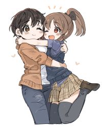 Rule 34 | 2girls, black bow, black hair, black legwear, black pants, blouse, blue shirt, blue vest, blush stickers, bow, brown eyes, brown footwear, brown hair, brown jacket, brown skirt, checkered clothes, checkered skirt, commentary request, hair bow, heart, high ponytail, highres, hori yuko, hug, idolmaster, idolmaster cinderella girls, jacket, leg up, legs, long hair, multiple girls, oikawa shizuku, one eye closed, open clothes, open jacket, open mouth, pants, plaid clothes, plaid skirt, ponytail, shirt, shoes, short hair, short sleeves, skirt, smile, spawnfoxy, thighhighs, thighs, vest, white background, white shirt, yellow eyes