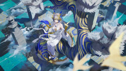 1girl absurdres ambience_synesthesia arknights bare_shoulders blonde_hair blue_hair blurry blurry_foreground breasts chinese_commentary closed_mouth cloud cola-alter collarbone colored_extremities commentary_request dress eyeliner from_above full_body green_eyes grey_hair hair_between_eyes hair_intakes highres jewelry long_dress long_hair makeup medium_breasts multicolored_hair necklace off_shoulder official_alternate_costume orange_eyeliner partial_commentary pearl_necklace shawl shu_(arknights) shu_(bingwenyuyou)_(arknights) sitting smile solo white_dress white_shawl