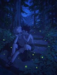 2boys bug child commentary english_commentary fireflies firefly forest gon_freecss highres hunter_x_hunter insect killua_zoldyck male_focus mizukiyoi multiple_boys nature night night_sky outdoors scenery shorts sitting sky spanish_commentary tank_top whispering whispering_in_ear yaoi