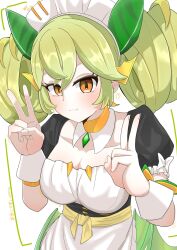 1girl black_dress breasts chest_jewel cleavage collarbone cowboy_shot double_v dragon_girl dragon_horns dragon_tail dragon_wings dress duel_monster green_hair green_wings highres horns large_breasts long_hair low_wings orange_eyes parlor_dragonmaid simple_background tail twintails v wings wize_(adklahniehov6ib) yu-gi-oh!