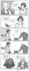 Rule 34 | 1boy, 1girl, absurdres, beard stubble, black gloves, black hair, breasts, cleavage, dante (devil may cry), devil may cry (series), eating, facial hair, food, food in mouth, gloves, green eyes, hair over one eye, heterochromia, highres, holding, holding food, holding pizza, jumpoon, lady (devil may cry), pizza, pizza slice, red eyes, speech bubble, stubble, unbuttoned, unbuttoned shirt, white hair