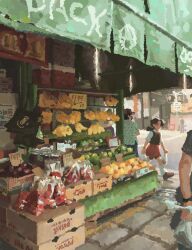 Rule 34 | 3others, apple, atmospheric perspective, bag, banana, baseball cap, bracelet, brown hair, brown vest, cardboard, crossed arms, english text, food, fruiitlins, fruit, full body, hat, highres, holding, holding bag, jewelry, low ponytail, market stall, multiple others, orange (fruit), original, out of frame, polka dot, polka dot shirt, ponytail, puddle, red skirt, road, school uniform, shirt, skirt, street, tote bag, vest, walking, water cooler, white shirt
