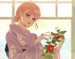 1girl animal_print bird_print blue_sash blunt_bangs brown_eyes commentary_request day ear_piercing eyelashes eyeshadow floral_print flower hair_bun highres indoors japanese_clothes jewelry kimono kohanai_setsuna lipstick looking_at_viewer makeup nail_polish nikki_(nikki) nikki_(series) obi open_mouth peony_(flower) piercing pink_eyeshadow pink_hair pink_nails purple_kimono red_flower red_lips ring sash shining_nikki short_hair single_hair_bun sky smile solo teeth tree upper_body upper_teeth_only window yukata