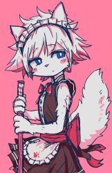 :&lt; alternate_costume animal_ears apron back_ribbon bad_tag black_dress blue_eyes blush blush_stickers bow bowtie broom changed dress enmaided exepresso frown furry furry_male highres holding holding_broom light_frown lin_(changed) maid maid_apron maid_headdress messy_hair pink_background raised_eyebrow red_bow red_bowtie red_ribbon ribbon sleeveless sleeveless_dress tail white_fur white_hair wolf wolf_ears wolf_tail
