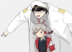 :d azur_lane black_hair blue_eyes blush closed_mouth commander_(azur_lane) denver_(azur_lane) gekkan_shoujo_nozaki-kun grey_hair hat highres military_uniform naval_uniform open_mouth ozawa_ari parody peaked_cap rain short_hair smile voice_actor_connection yuto_akaji