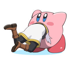1girl black_pants blue_eyes blush_stickers boots brown_footwear frieren frieren_stuck_in_a_mimic_(meme) highres kirby kirby_(series) lower_body meme nintendo pants ryona skirt sousou_no_frieren stuck ueyama_michirou vore