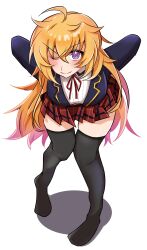 1girl ;) absurdres ahoge arms_behind_back bakuma black_thighhighs blonde_hair breasts highres long_hair long_sleeves looking_at_viewer one_eye_closed purple_eyes rwby school_uniform simple_background smile solo thighhighs yang_xiao_long