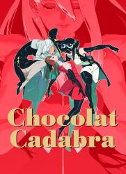 3girls ado_(utaite) black_gloves black_hair blue_eyes brown_hair cacao_(chocolat_cadabra) chocolat_cadabra_(ado) cloud_nine_inc cocoa_(chocolat_cadabra) dress elbow_gloves fingerless_gloves full_body gloves green_eyes hair_between_eyes hand_on_own_cheek hand_on_own_face hat highres long_hair multiple_girls official_art open_mouth pink_eyes shiny_clothes short_hair sleeveless sleeveless_dress song_name studio_trigger sugar_(chocolat_cadabra) title translation_request very_long_hair white_hair witch_hat