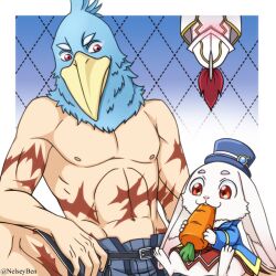Rule 34 | 1boy, 2others, belt, blue jacket, blush, bnelsey, carrot, emul (shangri-la frontier), hat, helmet, jacket, mini hat, mini top hat, multiple others, nipples, no shirt, pants, psyger-0 (shangri-la frontier), rabbit, red eyes, scar, shangri-la frontier, smile, sunraku (shangri-la frontier), top hat
