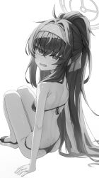 absurdres bare_arms bare_back bare_shoulders blue_archive breasts hair_between_eyes halo highres long_hair looking_at_viewer looking_back official_alternate_costume official_alternate_hairstyle ponytail shj1998z simple_background small_breasts thighs ui_(blue_archive) ui_(swimsuit)_(blue_archive) white_background