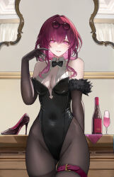 Rule 34 | 1girl, absurdres, alcohol, bare shoulders, black bow, black bowtie, black leotard, bow, bowtie, breasts, cleavage, covered navel, cowboy shot, cup, drinking glass, eyewear on head, hair between eyes, hair intakes, high heels, highres, honkai: star rail, honkai (series), kafka (honkai: star rail), large breasts, leotard, long hair, looking at viewer, mirror, nervi fd, parted lips, purple eyes, purple hair, round eyewear, smile, solo, strapless, strapless leotard, thigh strap, wine, wine glass
