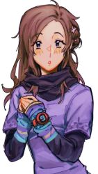 1girl antenna_hair brown_hair commentary dress english_commentary flower goomyloid hair_flower hair_ornament highres kyokugen_dasshutsu kyokugen_dasshutsu:_9_jikan_9_nin_9_no_tobira long_hair looking_at_viewer kurashiki_akane open_mouth own_hands_together purple_dress purple_eyes scarf simple_background solo watch white_background wristwatch