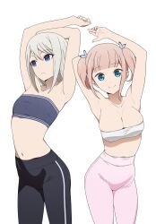 Rule 34 | 2girls, absurdres, arms up, black pants, blue eyes, blue tube top, breasts, closed mouth, coro fae, fujiwara moeha, grey hair, highres, kaguya-sama wa kokurasetai ~tensai-tachi no renai zunousen~, large breasts, light frown, long hair, multiple girls, navel, pants, pink hair, pink pants, shirogane kei, smile, strapless, tube top, twintails, white background, white tube top, yoga pants