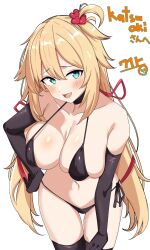 1girl :d ahoge akai_haato bikini black_bikini black_gloves black_thighhighs blonde_hair blue_eyes blush breasts collarbone elbow_gloves from_above gloves hair_between_eyes hair_ornament hand_on_own_hip heart heart_hair_ornament highres hololive large_breasts long_hair looking_at_viewer navel open_mouth second-party_source seihekiog side-tie_bikini_bottom simple_background smile solo stomach swimsuit thighhighs tongue very_long_hair virtual_youtuber white_background