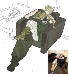 1boy 1girl aerith_gainsborough baggy_pants bare_shoulders blonde_hair blush boots braid braided_ponytail brown_footwear brown_hair cait_sith_(final_fantasy) cat chair closed_eyes cloud_strife couple crossed_ankles crown derivative_work dress final_fantasy final_fantasy_vii final_fantasy_vii_rebirth final_fantasy_vii_remake grey_pants grey_shirt hair_between_eyes hair_ribbon hetero highres long_dress long_hair mini_crown mmmckayyy nose_bubble open_mouth pants parted_bangs pink_dress pink_ribbon redrawn ribbon shirt short_hair single_braid sleeping sleeveless sleeveless_turtleneck spiked_hair suspenders turtleneck zzz