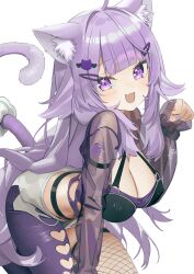 1girl ahoge animal_ear_fluff animal_ears asymmetrical_legwear breasts cat_ears cat_girl cat_hair_ornament cat_tail cleavage cleavage_cutout clothing_cutout crop_top fang fishnet_thighhighs fishnets hair_ornament hairclip hand_up heart heart_cutout heart_hair_ornament highres hololive koyo2023 large_breasts light_blush long_hair long_sleeves looking_at_viewer mismatched_legwear nekomata_okayu nekomata_okayu_(personya_respect) official_alternate_costume open_mouth paw_pose purple_eyes purple_hair purple_nails see-through_clothes short_shorts shorts shrug_(clothing) simple_background single_fishnet_legwear skin_fang skindentation smile solo sparkling_eyes tail thighhighs very_long_hair virtual_youtuber white_background white_shorts