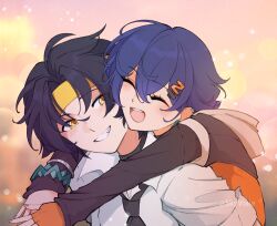 1boy 1girl asaba_harumasa belle_(zenless_zone_zero) black_necktie black_shirt blue_hair closed_eyes crossed_bangs fingerless_gloves gloves hair_ornament headband hood hoodie hug hug_from_behind letter_hair_ornament necktie open_mouth orange_gloves shirt single_fingerless_glove skyvixie smile yellow_eyes yellow_headband zenless_zone_zero