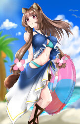 1girl animal_ear_fluff animal_ears arm_behind_back bare_shoulders beach belt bikini bird blue_bikini blue_eyes blue_innertube blue_sarong breasts brown_hair brown_sandals closed_mouth cloud cloudy_sky collarbone day eyelashes feet_out_of_frame flower gladiator_sandals gpsmikasa_game gradient_sarong hair_flower hair_ornament highres holding holding_swim_ring innertube light_rays long_hair looking_ahead medium_breasts multicolored_innertube navel ocean official_alternate_costume palm_tree pink_innertube raccoon_ears raccoon_girl raccoon_tail raphtalia red_eyes red_innertube sandals sarong seagull sky smile solo stomach sunbeam sunlight swim_ring swimsuit tail tate_no_yuusha_no_nariagari thigh_belt thigh_strap tree white_innertube white_sarong