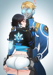 1boy 1girl ass ass_focus assertive_male black_hair black_jacket blonde_hair blue_eyes blue_jacket couple cropped_jacket cropped_shirt fingerless_gloves gloves glowing glowing_eyes grabbing_another&#039;s_ass groping heart hetero heterochromia huge_ass husband_and_wife jacket jewelry lipstick luna_snow makeup marvel marvel_rivals mask multicolored_hair nail_polish orange_eyes peter_quill pink_lips short_hair shorts signature smile smirk star-lord tight_clothes white_hair white_shorts yellow_eyes