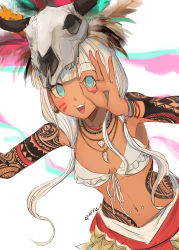 1girl :d alternate_costume arm_tattoo bikini bikini_top_only blue_eyes blunt_bangs bracelet breasts cleavage collarbone commentary cowboy_shot danganronpa_(series) danganronpa_v3:_killing_harmony dark-skinned_female dark_skin english_commentary feathers front-tie_top highres jewelry long_hair looking_at_viewer navel navel_piercing necklace open_mouth piercing qosic shell shell_necklace silver_hair skull_on_head smile solo swimsuit tattoo tribal white_bikini yonaga_angie