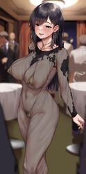 1girl absurdres bikini bikini_under_clothes blue_eyes blurry blurry_background blush breasts commentary_request covered_navel curtains dress earrings female_pubic_hair formal_clothes gold_bikini highres hoop_earrings indoors jack_dempa jewelry large_breasts large_variant_set long_hair long_sleeves looking_at_viewer miyamae_shiho_(jack_dempa) mole mole_under_eye multiple_boys navel open_mouth original parted_bangs pubic_hair pubic_hair_peek revealing_clothes see-through_clothes see-through_dress smile solo_focus standing suit swimsuit table thighs variant_set