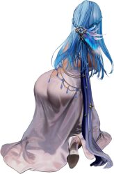1girl ass back blue_gemstone blue_hair dress feather_hair_ornament feathers gem goddess_of_victory:_nikke hair_ornament high_heels helm_(chandelier)_(nikke) helm_(nikke) hidden_face highres huge_ass jewelry kkuem kneeling long_dress long_hair official_alternate_costume official_art on_one_knee star_(symbol) white_background white_dress