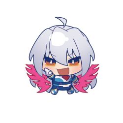 Rule 34 | 1boy, ahoge, armor, brown eyes, chest jewel, chibi, full body, grey hair, long hair, mega man (series), mega man x (series), mega man x dive, myamata no, open mouth, simple background, solo, via (mega man), white armor, white background