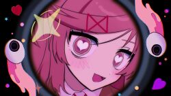 1girl absurdres doki_doki_literature_club eyeball hair_between_eyes hair_ornament hair_ribbon hairclip highres looking_at_viewer monitoring_(vocaloid) natsuki_(doki_doki_literature_club) open_mouth parody pink_eyes pink_hair pov_peephole red_ribbon ribbon shirt short_hair smile solo two_side_up user_uyvj7323