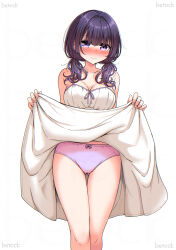 1girl absurdres betock blush bow bow_panties breasts cleavage closed_mouth clothes_lift collarbone commentary_request dress dress_lift gluteal_fold highres large_breasts long_hair low_twintails original panties purple_eyes purple_hair purple_panties simple_background solo twintails underwear white_background white_dress