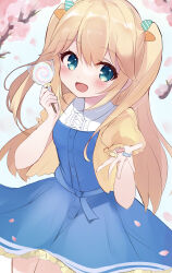 1girl absurdres blonde_hair blue_dress blue_eyes blush buttons candy cherry_blossoms dress eyelashes food fujisawa_yuzu grey_jacket highres holding holding_candy holding_food holding_lollipop jacket lollipop long_hair looking_at_viewer miiiico0620 ongeki open_mouth short_sleeves solo spring_(season) two_side_up