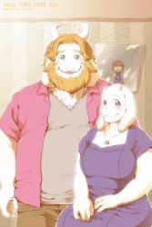 1boy 1girl asgore_dreemurr beard black_eyes blonde_hair facial_hair frisk_(undertale) furry goat onda_seki sitting toriel undertale