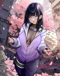1girl absurdres bicio black_hair black_pants blunt_bangs breasts byakugan cherry_blossoms commentary cowboy_shot english_commentary falling_petals fishnet_top fishnets forehead_protector highres hime_cut holster hyuuga_hinata incredibly_absurdres jacket konohagakure_symbol large_breasts long_hair looking_at_viewer naruto_(series) naruto_shippuuden paid_reward_available pants parted_lips petals purple_jacket rubble solo spanish_commentary tears thigh_holster tree white_eyes
