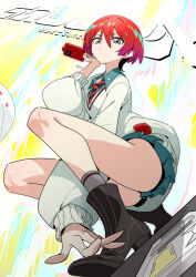 1girl abstract_background absurdres amate_yuzuriha black_boots black_necktie boots closed_mouth commentary copyright_name full_body gundam gundam_gquuuuuux haro highres holding holding_phone looking_at_viewer necktie phone pleated_skirt red_hair red_necktie shanyao_jiang_tororo short_hair skirt striped_necktie sweater symbol-only_commentary tem_ray&#039;s_circuit two-tone_necktie white_sweater