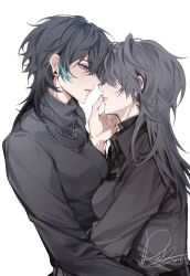 2girls absurdres black_hair black_shirt black_undershirt blush breasts chest_harness chief_(path_to_nowhere) cinnabar_(path_to_nowhere) collared_shirt commentary_request dated doo58455 earrings eye_contact female_chief_(path_to_nowhere) finger_to_another&#039;s_mouth floating_earrings gem hair_between_eyes hair_over_eyes half-closed_eyes harness heads_together highres hug jewelry long_hair looking_at_another medium_breasts medium_hair multicolored_hair multiple_girls official_alternate_costume parted_lips path_to_nowhere profile purple_eyes shirt signature streaked_hair triangle_earrings triangle_necklace turtleneck upper_body watermark white_background yellow_gemstone yuri