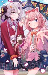 2girls :i ;q animal_ears bag bow bowtie building cardigan cat_ears character_charm character_doll charm_(object) cup curtained_hair dress_shirt drill_hair fake_animal_ears falling_petals food gyaru_v hair_ornament highres holding holding_cup hyakumantenbara_salome ice_cream kashiwagi_touko long_hair low_twintails multiple_girls nijisanji one_eye_closed petals pink_hair plaid_clothes plaid_skirt purple_eyes purple_hair shirt shoulder_bag skirt suo_sango tongue tongue_out twintails v virtual_youtuber