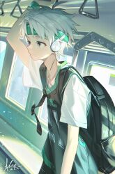 1boy artist_name backpack bag bishounen bus bus_interior closed_mouth commentary_request hand_grip headphones highres holding_hand_grip jersey koe_(mixpi) looking_to_the_side male_focus motor_vehicle original short_hair solo standing white_hair window