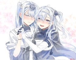 Rule 34 | 2girls, anchor symbol, black gloves, black sailor collar, blue eyes, blush, bodysuit, breasts, commentary, fuyutsuki (kancolle), gloves, grey hair, hachimaki, hagioshi, hair between eyes, headband, headgear, highres, holding hands, kantai collection, long hair, looking at viewer, multiple girls, neckerchief, one side up, open mouth, sailor collar, school uniform, serafuku, suzutsuki (kancolle), symbol-only commentary, twitter username, upper body, white bodysuit, white sailor collar