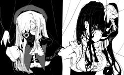 2girls arm_up armpits asahina_mafuyu ascot bang_dream! bang_dream!_it&#039;s_mygo!!!!! beret breasts buttons capelet center_frills color_contrast colored_eyelashes covered_mouth crossover earrings empty_eyes expressionless facing_down frilled_sleeves frills greyscale half_mask hands_up hat head_down heterochromia high_ponytail highres jewelry large_breasts long_hair long_sleeves looking_down mask mask_on_head mask_over_one_eye masked monochrome mortis_(bang_dream!) mouth_mask multiple_girls nonolee4242564 official_alternate_costume parted_lips ponytail project_sekai puppet_strings sleeve_cuffs sleeveless three_quarter_view toraware_no_marionette_(project_sekai) trait_connection two-tone_background upper_body wakaba_mutsumi