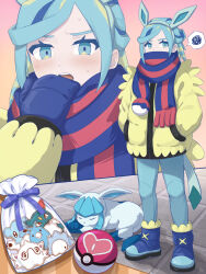 1boy animal_ears blue_footwear blue_mittens blue_scarf blush boots cetoddle commentary_request cubchoo gen_2_pokemon gen_3_pokemon gen_4_pokemon gen_5_pokemon gen_8_pokemon glaceon grusha_(pokemon) hairband hand_up hands_in_pockets highres jacket long_sleeves love_ball male_focus min_(myna8247) mittens multiple_views nintendo open_mouth pants poke_ball poke_ball_print pokemon pokemon_(creature) pokemon_sv scarf scarf_over_mouth sneasel snom spoken_squiggle squiggle standing striped_clothes striped_scarf swablu sweat teeth upper_teeth_only yellow_jacket