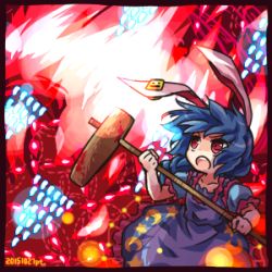 1girl ambiguous_red_liquid animal_ears blue_dress blue_hair danmaku dress earclip female_focus kine long_hair lowres mallet pote_(ptkan) puffy_sleeves rabbit_ears red_eyes seiran_(touhou) short_sleeves skirt solo touhou