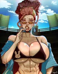 Rule 34 | 1girl, abs, annoyed, bare shoulders, bikini, breasts, buddha (shuumatsu no valkyrie), candy, choker, cleavage, earrings, fangs, female focus, food, genderswap, genderswap (mtf), glasses, goddess headdress, grabbing another&#039;s breast, groping, hand on own hip, highres, indian, indian clothes, indian style, japanese clothes, jewelry, kimono, large breasts, lasga claven, lips, lollipop, long hair, looking at viewer, multicolored eyes, multicolored hair, off shoulder, orange eyes, ornament, shuumatsu no valkyrie, sitting, slit pupils, solo, swimsuit, yukata