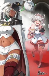 2girls absurdres artist_name boots breasts cape dark-skinned_female dark_skin elphelt_valentine exhausted fingerless_gloves gloves green_eyes guilty_gear highres large_breasts legs midriff multiple_girls navel one_eye_closed outstretched_arm ramlethal_valentine short_hair shorts sweat thighs toned white_hair yellow_eyes