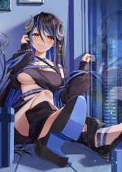 1girl bandeau belt black_bandeau black_belt black_footwear black_hair black_jacket black_skirt blue_belt blue_hair blush breasts brown_eyes building chest_belt city cleavage closed_mouth collarbone colored_shoe_soles commentary_request curled_horns demon_girl demon_horns demon_tail full_body grey_horns hair_between_eyes hebiyoi_tier hebiyoi_tier_(1st_costume) high_heels highres horns indoors jacket large_breasts long_bangs long_hair long_sleeves multicolored_hair nanashi_inc. night off_shoulder official_art open_clothes open_jacket pointy_ears sidelocks sitting skirt smile snake_bite solo tail two-tone_hair underboob virtual_youtuber window wooden_floor yumesaki_nana