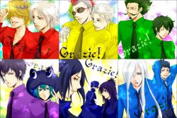 1girl 6+boys aqua_eyes aqua_hair bandages belphegor_(reborn) black_hair blonde_hair blue_eyes blue_hair blue_shirt brown_eyes chrome_dokuro collared_shirt earrings facial_hair fran_(reborn) glasses gokudera_hayato green_eyes green_hair green_shirt grey_eyes grey_hair hair_over_eyes hat hibari_kyouya highres jewelry katekyo_hitman_reborn! lambo leviathan_(reborn) long_hair lussuria mammon_(reborn) mohawk multiple_boys mustache necktie purple_eyes red_eyes red_shirt rokudou_mukuro sasagawa_ryohei scar shirt short_hair shueisha smile sunglasses superbi_squalo tiara topet white_hair yamamoto_takeshi yellow_shirt