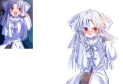 Rule 34 | 1girl, blush, bow, capelet, dress, hair bow, half updo, long hair, melty blood, ofuroofu, pointy ears, pom pom (clothes), red eyes, reference inset, simple background, solo, sprite redraw, tsukihime, white background, white bow, white hair, white len (tsukihime)